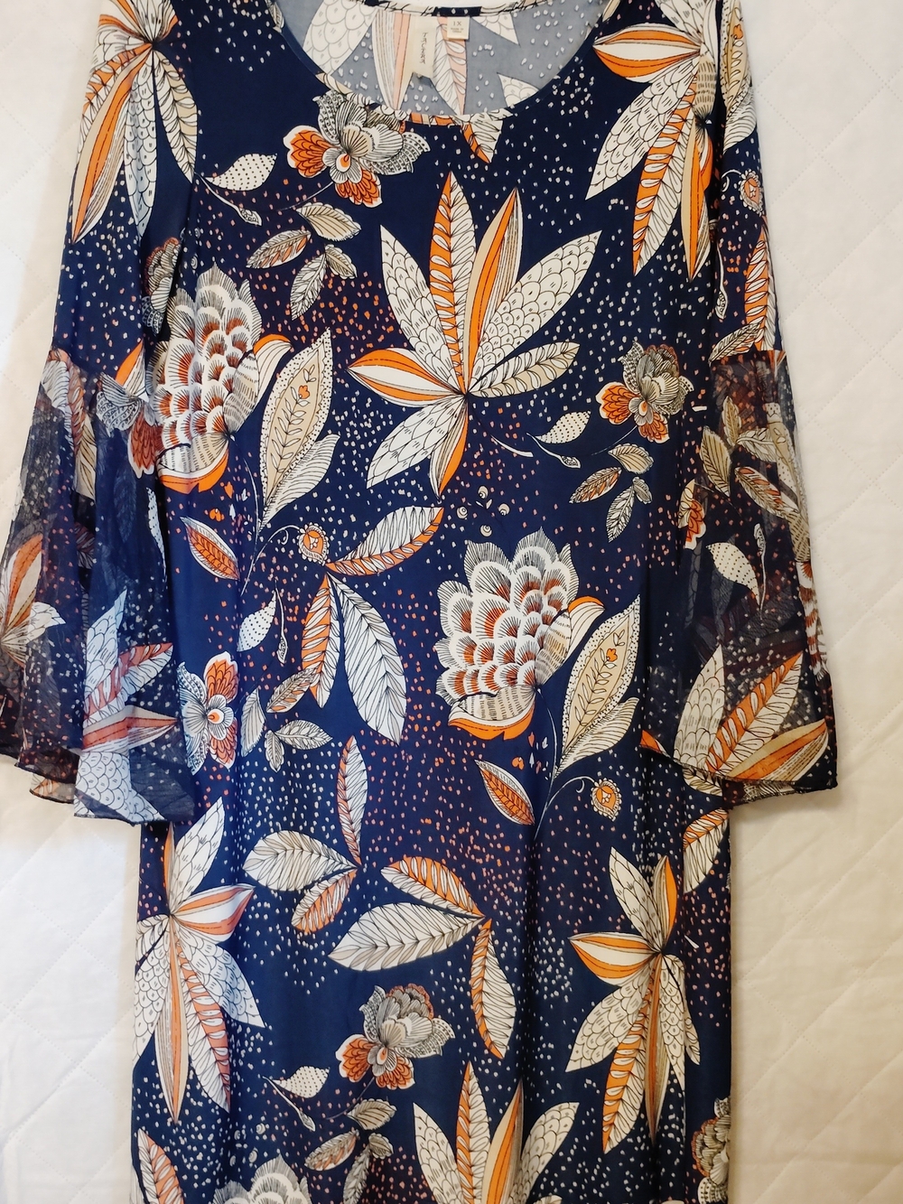Tacera Navy Floral Long Sleeve Shift Dress with Orange & White Accents Size 1X
